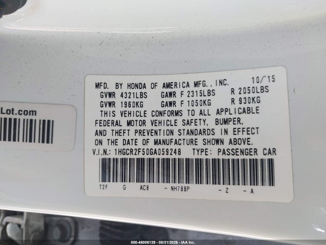 46006139 :رقم المزاد ، 1HGCR2F50GA059248 vin ، 2016 Honda Accord Sport مزاد بيع