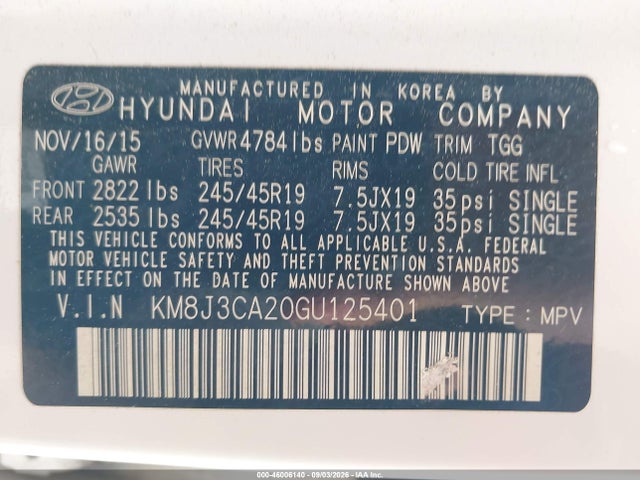 Aukcja sprzedaży 2016 Hyundai Tucson Sport, vin: KM8J3CA20GU125401, numer aukcji: 46006140