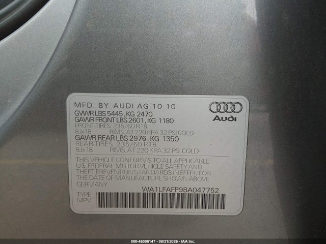 Aukcja sprzedaży 2011 Audi Q5 2.0t Premium, vin: WA1LFAFP9BA047752, numer aukcji: 46006147