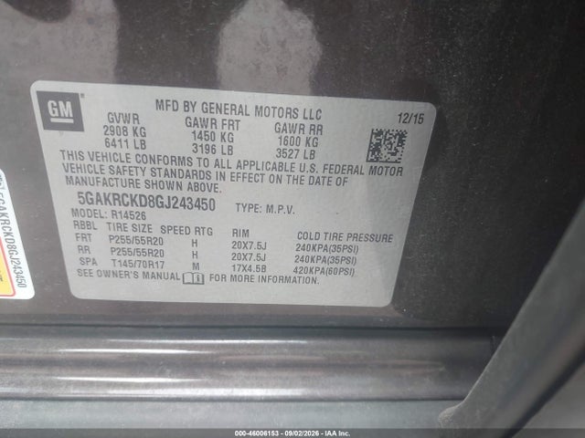 Продажа на аукционе авто 2016 Buick Enclave Premium, vin: 5GAKRCKD8GJ243450, номер лота: 46006153