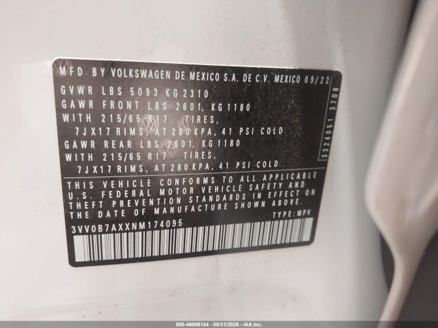 Aukcja sprzedaży 2022 Volkswagen Tiguan 2.0t S, vin: 3VV0B7AXXNM174095, numer aukcji: 46006154
