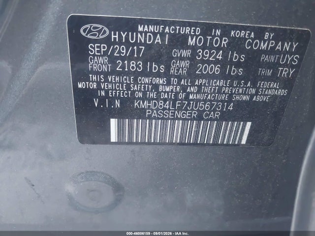 2018 Hyundai Elantra Value Edition მანქანა იყიდება აუქციონზე, vin: KMHD84LF7JU567314, აუქციონის ნომერი: 46006159