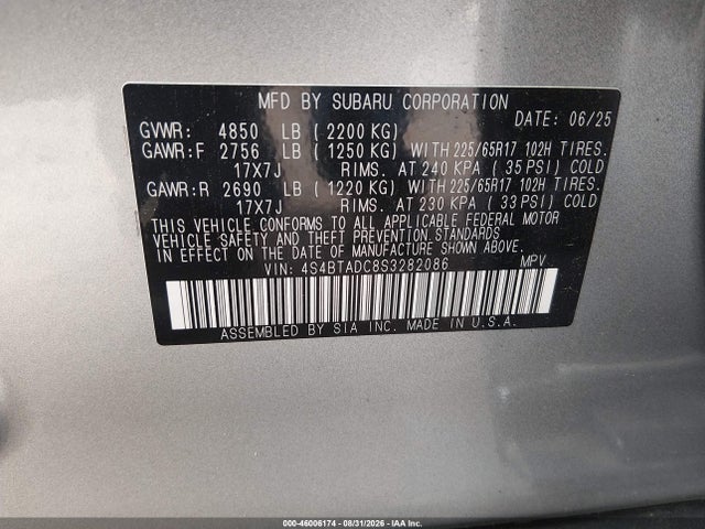 46006174 :رقم المزاد ، 4S4BTADC8S3282086 vin ، 2025 Subaru Outback Premium مزاد بيع
