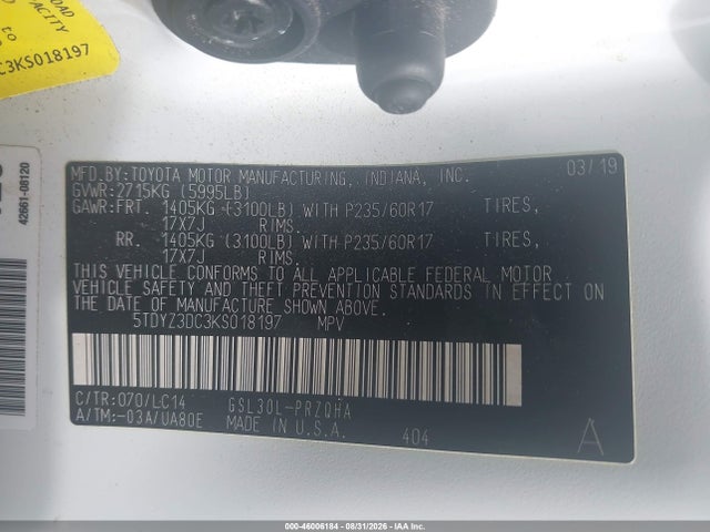 Aukcja sprzedaży 2019 Toyota Sienna Xle 8 Passenger, vin: 5TDYZ3DC3KS018197, numer aukcji: 46006184