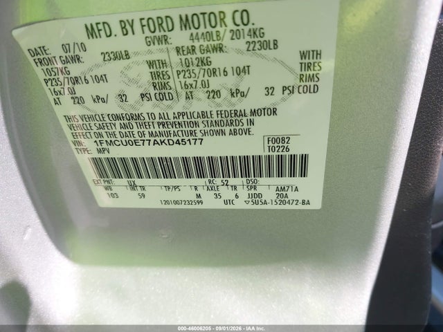 Aukcja sprzedaży 2010 Ford Escape Limited, vin: 1FMCU0E77AKD45177, numer aukcji: 46006205