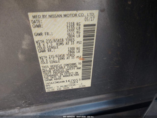 Aukcja sprzedaży 2017 Nissan Murano Sv, vin: 5N1AZ2MGXHN167053, numer aukcji: 46006208