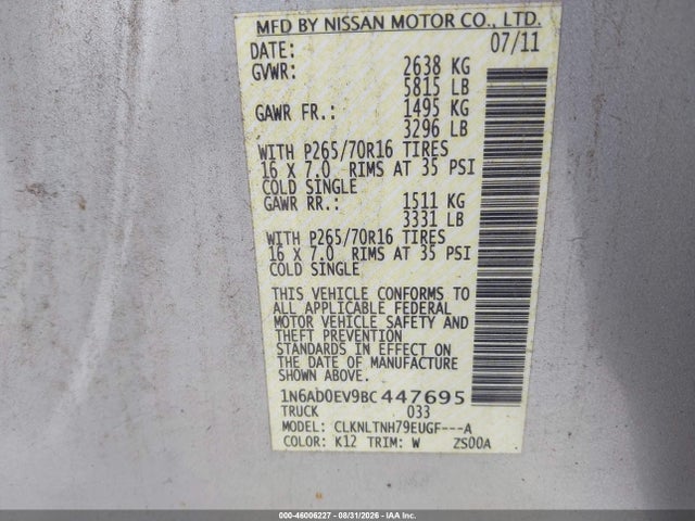 2011 Nissan Frontier Sv მანქანა იყიდება აუქციონზე, vin: 1N6AD0EV9BC447695, აუქციონის ნომერი: 46006227