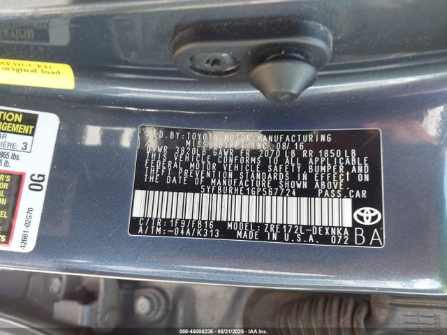 Aukcja sprzedaży 2016 Toyota Corolla Le, vin: 5YFBURHE1GP567724, numer aukcji: 46006236