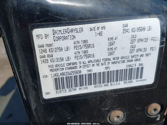 46006248 :رقم المزاد ، 1J4GL48K22W255830 vin ، 2002 Jeep Liberty Sport مزاد بيع