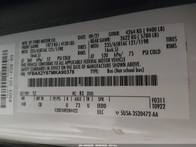Продажа на аукционе авто 2021 Ford Transit-350 Passenger Van Xl, vin: 1FBAX2Y87MKA90378, номер лота: 46006259