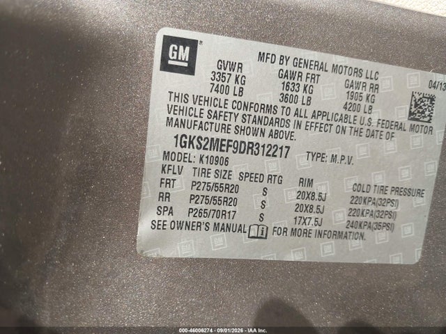 2013 Gmc Yukon Xl 1500 Denali მანქანა იყიდება აუქციონზე, vin: 1GKS2MEF9DR312217, აუქციონის ნომერი: 46006274