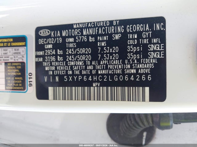 2020 Kia Telluride S მანქანა იყიდება აუქციონზე, vin: 5XYP64HC2LG064266, აუქციონის ნომერი: 46006287