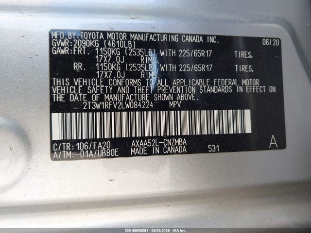 Продажа на аукционе авто 2020 Toyota Rav4 Xle, vin: 2T3W1RFV2LW084224, номер лота: 46006291