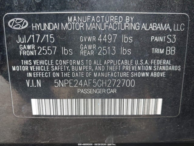 5NPE24AF5GH272700 Hyundai SONATA SE