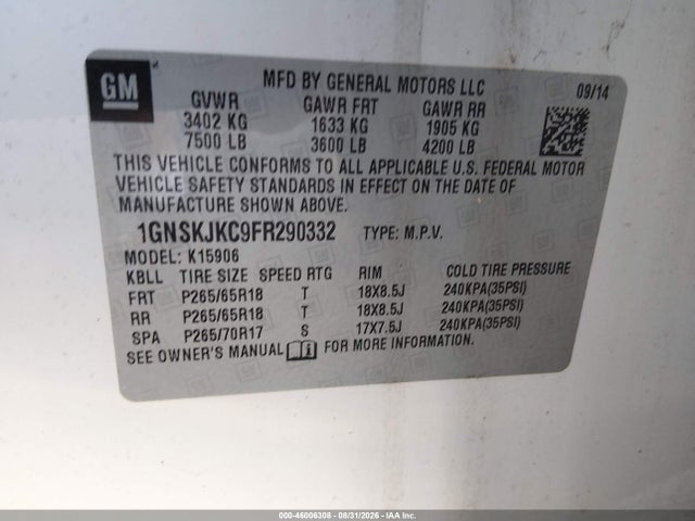 46006308 :رقم المزاد ، 1GNSKJKC9FR290332 vin ، 2015 Chevrolet Suburban 1500 Lt مزاد بيع