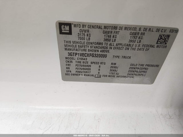 Aukcja sprzedaży 2015 Gmc Sierra 1500 Slt, vin: 3GTP1VECXFG320099, numer aukcji: 46006315
