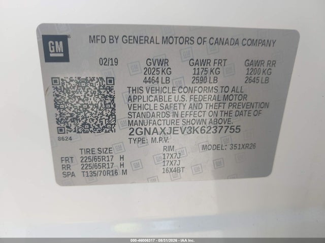 2019 Chevrolet Equinox Lt მანქანა იყიდება აუქციონზე, vin: 2GNAXJEV3K6237755, აუქციონის ნომერი: 46006317