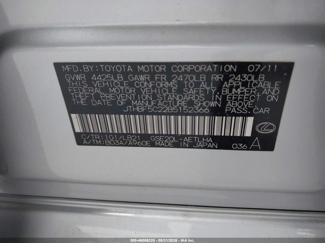 46006320 :رقم المزاد ، JTHBF5C22B5152366 vin ، 2011 Lexus Is 250 مزاد بيع