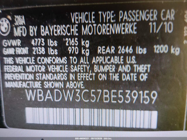 Aukcja sprzedaży 2011 Bmw 328i, vin: WBADW3C57BE539159, numer aukcji: 46006321