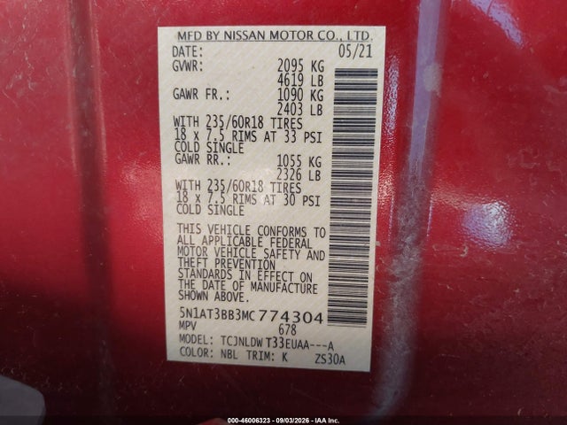 46006323 :رقم المزاد ، 5N1AT3BB3MC774304 vin ، 2021 Nissan Rogue Sv Intelligent Awd مزاد بيع