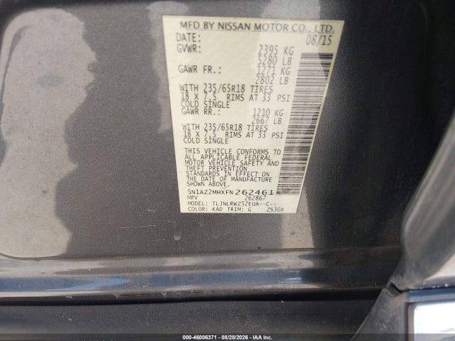 5N1AZ2MHXFN262461 Nissan MURANO SL