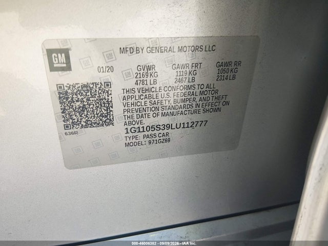 46006382 :رقم المزاد ، 1G1105S39LU112777 vin ، 2020 Chevrolet Impala Fwd Premier مزاد بيع