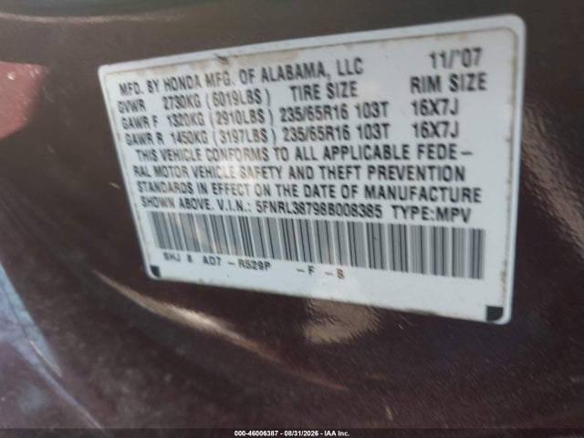 Aukcja sprzedaży 2008 Honda Odyssey Ex-l, vin: 5FNRL38798B008385, numer aukcji: 46006387