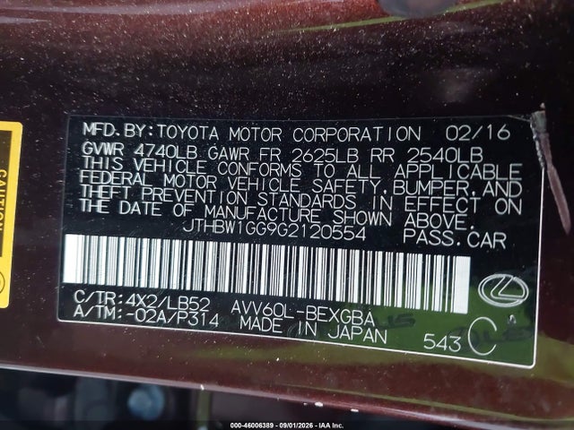 Продаж на аукціоні авто 2016 Lexus Es 300h, vin: JTHBW1GG9G2120554, номер лоту: 46006389