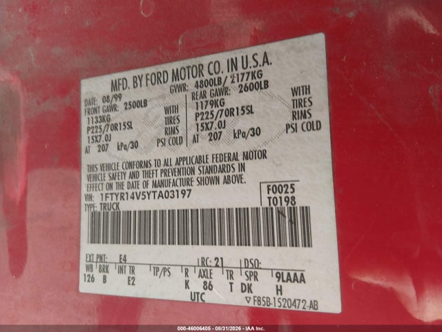 Продаж на аукціоні авто 2000 Ford Ranger Xl/xlt, vin: 1FTYR14V5YTA03197, номер лоту: 46006405