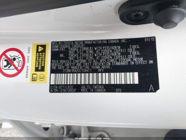 Auction sale of the 2012 Lexus Rx 350, vin: 2T2BK1BA2CC139471, lot number: 46006427