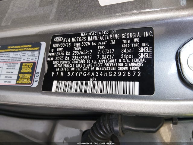 46006436 :رقم المزاد ، 5XYPG4A34HG292672 vin ، 2017 Kia Sorento 2.4l L مزاد بيع