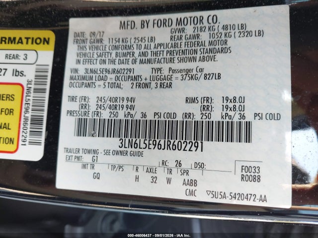 46006437 :رقم المزاد ، 3LN6L5E96JR602291 vin ، 2018 Lincoln Mkz Reserve مزاد بيع