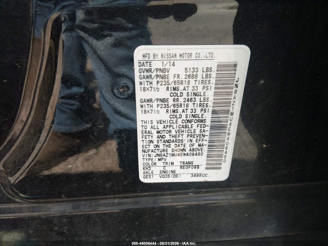 Продажа на аукционе авто 2014 Nissan Murano Sl, vin: JN8AZ1MU4EW409480, номер лота: 46006444