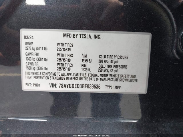 Продажа на аукционе авто 2024 Tesla Model Y Long Range Single Motor Rear-wheel Drive/rwd, vin: 7SAYGDED3RF039636, номер лота: 46006454