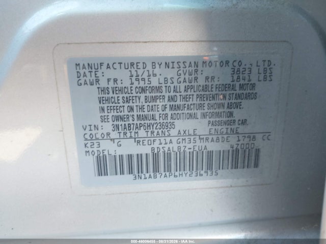 2017 Nissan Sentra S მანქანა იყიდება აუქციონზე, vin: 3N1AB7AP6HY236935, აუქციონის ნომერი: 46006455