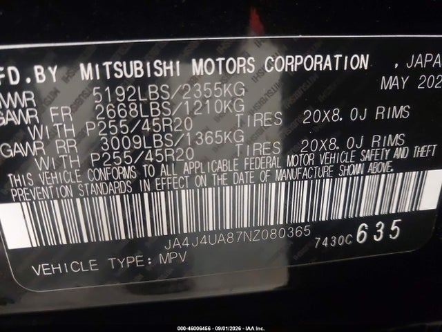 Продаж на аукціоні авто 2022 Mitsubishi Outlander Se 2.5 S-awc, vin: JA4J4UA87NZ080365, номер лоту: 46006456
