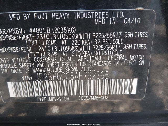 46006457 :رقم المزاد ، JF2SH6CC8AH792395 vin ، 2010 Subaru Forester 2.5x Premium مزاد بيع