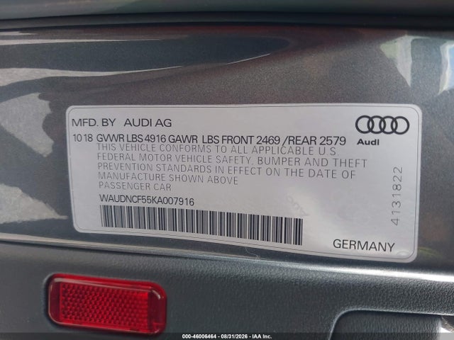 Продаж на аукціоні авто 2019 Audi A5 45 Premium, vin: WAUDNCF55KA007916, номер лоту: 46006464