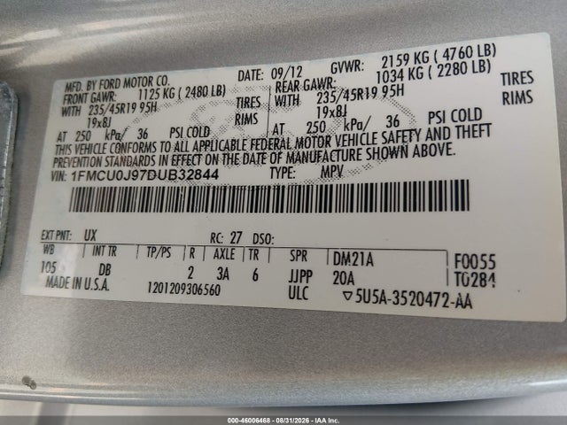 Aukcja sprzedaży 2013 Ford Escape Titanium, vin: 1FMCU0J97DUB32844, numer aukcji: 46006468