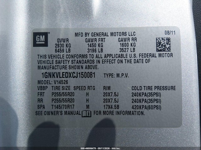 Продажа на аукционе авто 2012 Chevrolet Traverse Ltz, vin: 1GNKVLEDXCJ150081, номер лота: 46006479