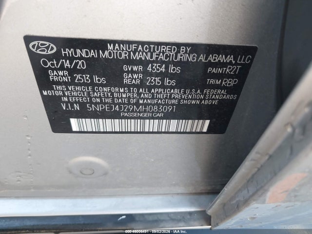 2021 Hyundai Sonata Sel Plus მანქანა იყიდება აუქციონზე, vin: 5NPEJ4J29MH083091, აუქციონის ნომერი: 46006491