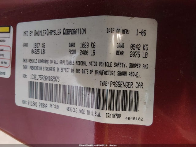 2006 Chrysler Sebring Gtc მანქანა იყიდება აუქციონზე, vin: 1C3EL75R26N182975, აუქციონის ნომერი: 46006499
