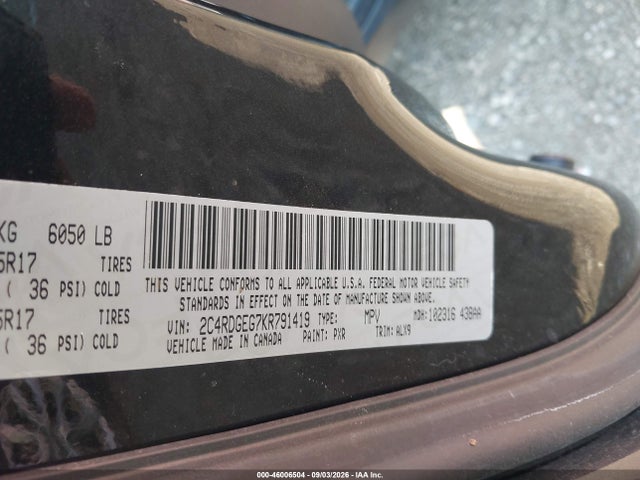 46006504 :رقم المزاد ، 2C4RDGEG7KR791419 vin ، 2019 Dodge Grand Caravan Gt مزاد بيع