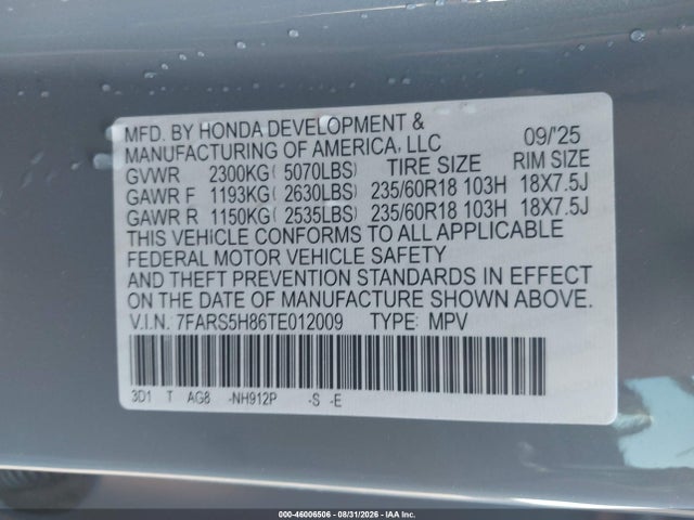 Aukcja sprzedaży 2026 Honda Cr-v Hybrid 2wd Sport-l, vin: 7FARS5H86TE012009, numer aukcji: 46006506