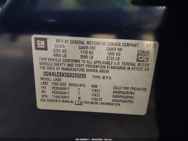Aukcja sprzedaży 2016 Chevrolet Equinox Lt, vin: 2GNALCEK5G6229239, numer aukcji: 46006511