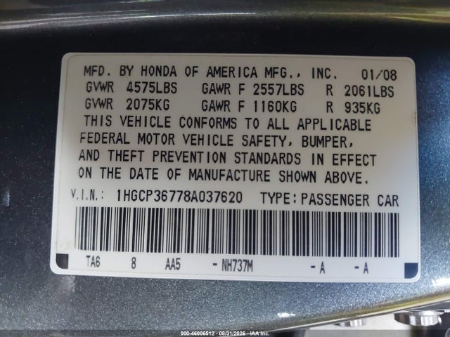 2008 Honda Accord 3.5 Ex მანქანა იყიდება აუქციონზე, vin: 1HGCP36778A037620, აუქციონის ნომერი: 46006512