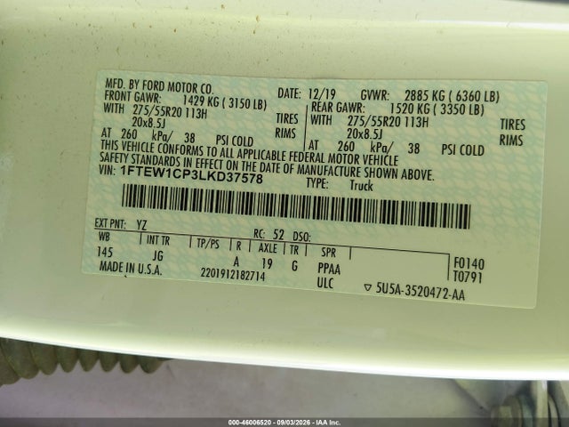 46006520 :رقم المزاد ، 1FTEW1CP3LKD37578 vin ، 2020 Ford F-150 Xl مزاد بيع
