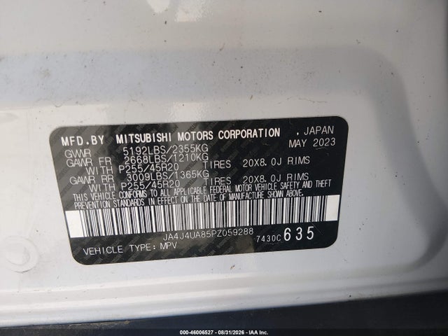46006527 :رقم المزاد ، JA4J4UA85PZ059288 vin ، 2023 Mitsubishi Outlander Se 2.5 S-awc مزاد بيع