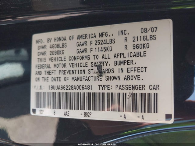 Auction sale of the 2008 Acura Tl 3.2, vin: 19UUA66228A006481, lot number: 46006534