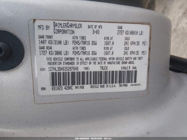 46006550 :رقم المزاد ، 1D7HL38X63S287646 vin ، 2003 Dodge Dakota Sport/sxt مزاد بيع